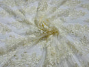 Ivory Floral Lace Fabric - by the yard - Corded Flower Embroidery Design With Sequins on a Mesh