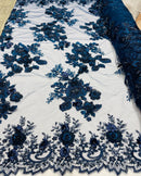 NAVY BLUE Flower 3D Fabric - by the Yard - Embroided Fabric Flower Pearls and Beaded Fabric