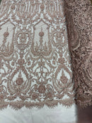 Mauve Beaded Damask Fabric - by the yard - Embroidered with Beads and Sequins on Mesh Fabric