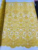 Yellow Bridal Lace Hand Beaded Embroidered Floral Fabric - by the yard - Wedding Beaded Fabric