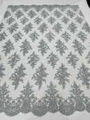Metallic Silver Floral Lace Fabric by the yard Corded Flower Embroidery Design With Sequins on a Mesh
