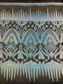 Aqua Iridescent Sequin Fabric, by the yard - Black Mesh 4 Way Stretch Aztec Design