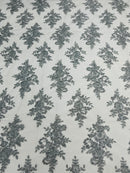 Metallic Silver Floral Lace Fabric by the yard Corded Flower Embroidery Design With Sequins on a Mesh