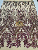 Big Damask Sequins Fabric - Purple Iridescent - 4 Way Stretch Damask Sequins Design Fabric By Yard