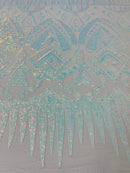 BLue/White Iridescent Sequin Fabric, by the yard - White Mesh 4 Way Stretch Aztec Design