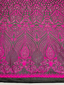 Neón Pink Sequins Fabric On Black Mesh 4 Way Stretch Geometric Design By The Yard