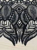 Black - 4 Way Stretch Embroidered Royalty Sequins Design Fabric By Yard