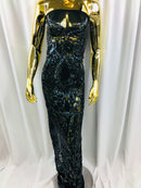 Iridescent Black 4 Way Stretch - Sequins Damask Design Fabric Embroidered On Mesh Sold By The Yard