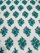 Floral Lace Fabric - Teal Green - Flower Cluster Embroidery Design With Sequins on a Mesh