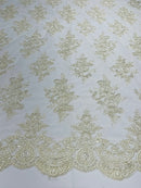 Ivory Floral Lace Fabric - by the yard - Corded Flower Embroidery Design With Sequins on a Mesh