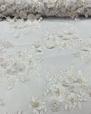 Of White Flower 3D Fabric - by the Yard - Embroided Fabric Flower Pearls and Beaded Fabric