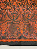 Orange Iridescent Sequins Fabric On Black Mesh 4 Way Stretch Geometric Design By The Yard