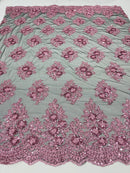 Floral Lace Fabric - Pink on Black Mesh - Flower Cluster Embroidery Design With Sequins on a Mesh