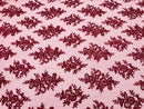 Burgundy Floral Lace Fabric by the yard Corded Flower Embroidery Design With Sequins on a Mesh