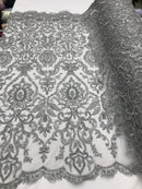 Bridal Lace Hand Beaded Embroidered Floral Fabric - by the yard - Wedding Beaded Fabric