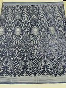 Navy Blue Sequin Fabric - by the yard - On Mesh 4 Way Stretch, Damask Design Sequins
