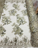 Silver Flower 3D Fabric - by the Yard - Embroided Fabric Flower Pearls and Beaded Fabric
