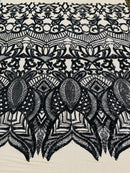 Black - 4 Way Stretch Embroidered Royalty Sequins Design Fabric By Yard