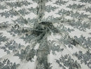 Metallic Silver Floral Lace Fabric by the yard Corded Flower Embroidery Design With Sequins on a Mesh
