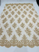 Metallic Gold/Skin Mesh Floral Lace Fabric by the yard Corded Flower Embroidery Design With Sequins