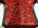 Red Sequins On Black Mesh 4 Way Stretch Damask Design Fabric On Stretch Mesh By The Yard