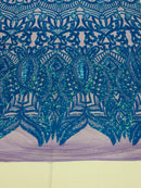 Iridescent Turquoise - 4 Way Stretch Embroidered Royalty Sequins Design Fabric By Yard