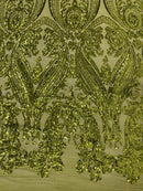 Big Damask Sequins Fabric - Olive Green  - 4 Way Stretch Damask Sequins Design Fabric By Yard