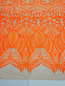 Orange Sequin - 4 Way Stretch Embroidered Royalty Sequins Design Fabric By Yard