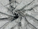 Floral Lace Fabric - Silver on Black Mesh - Flower Cluster Embroidery Design With Sequins on a Mesh