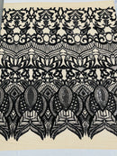 Black - 4 Way Stretch Embroidered Royalty Sequins Design Fabric By Yard