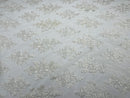 White Floral Lace Fabric - by the yard - Corded Flower Embroidery Design With Sequins on a Mesh