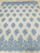 Floral Lace Fabric - Baby Blue - Flower Cluster Embroidery Design With Sequins on a Mesh