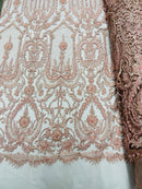 Blush Pink Beaded Damask Fabric - by the yard - Embroidered with Beads and Sequins on Mesh Fabric