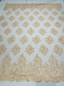 Floral Lace Fabric - Peach - Flower Cluster Embroidery Design With Sequins on a Mesh