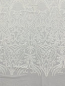White Sequin Fabric - by the yard - On Mesh 4 Way Stretch, Damask Design Sequins