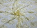 Floral Lace Fabric - Ivory/Cream - Flower Cluster Embroidery Design With Sequins on a Mesh