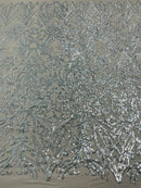 Silver Sequin Fabric - by the yard - On Silver Mesh 4 Way Stretch, Damask Design Sequins