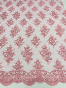 Candy Pink Floral Lace Fabric - by the yard - Corded Flower Embroidery Design With Sequins on a Mesh