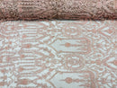 Blush Peach Beaded Damask Fabric - by the yard - Embroidered with Beads and Sequins on Mesh Fabric