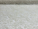 Off White Beaded Fabric - by the yard - Fancy Embroidered Zebra Design with Beads on Mesh Fabric