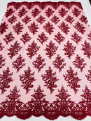 Burgundy Floral Lace Fabric by the yard Corded Flower Embroidery Design With Sequins on a Mesh