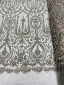 Silver Beaded Damask Fabric - by the yard - Embroidered with Beads and Sequins on Mesh Fabric