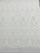 White Sequin Fabric - by the yard - On Mesh 4 Way Stretch, Damask Design Sequins