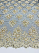 Floral Lace Fabric - Gold on Black Mesh - Flower Cluster Embroidery Design With Sequins on a Mesh