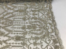Silver Beaded Fabric Embroidered On A Mesh Lace Fancy Dress Fabric Sold By The Yard