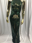 4 Way Stretch - Hunter Green - Triangle Design Sequins Fabric Embroidered Mesh Sold By The Yard