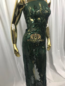 4 Way Stretch - Hunter Green - Triangle Design Sequins Fabric Embroidered Mesh Sold By The Yard