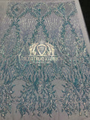 4 Way Stretch - Baby Blue - Triangle Design Sequins Fabric Embroidered Mesh Sold By The Yard