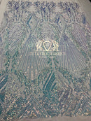 4 Way Stretch - Baby Blue - Triangle Design Sequins Fabric Embroidered Mesh Sold By The Yard