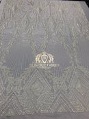 4 Way Stretch - White - Triangle Design Sequins Fabric Embroidered Mesh Sold By The Yard